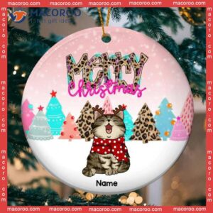 Personalized Cat Lovers Decorative Christmas Ornament,merry Leopard And Pink Circle Ceramic Ornament