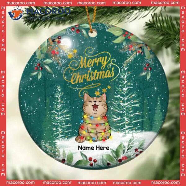 Personalized Cat Lovers Decorative Christmas Ornament,merry Pine Green Sky With Snow Circle Ceramic Ornament