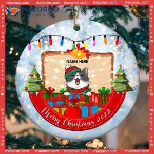 Personalized Cat Lovers Decorative Christmas Ornament,merry Xmas 2022 Gift Box & Red Banner Circle Ceramic Ornament