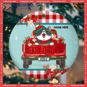 Personalized Cat Lovers Decorative Christmas Ornament,merry Xmas Red Plaid Top & Bottom Circle Ceramic Ornament