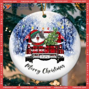 Personalized Cat Lovers Decorative Christmas Ornament,merry Xmas Red Plaid Truck In Forrest Circle Ceramic Ornament
