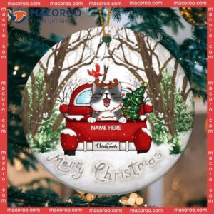 Personalized Cat Lovers Decorative Christmas Ornament,merry Xmas Red Truck In Snow Forrest Circle Ceramic Ornament