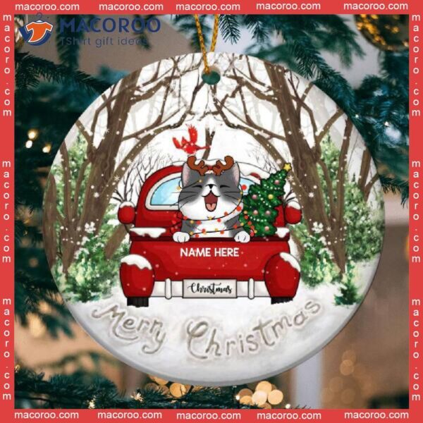 Personalized Cat Lovers Decorative Christmas Ornament,merry Xmas Red Truck In Snow Forrest Circle Ceramic Ornament