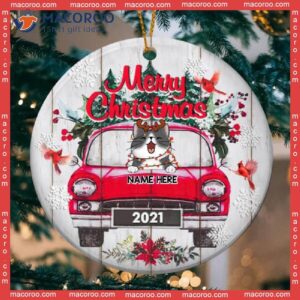 Personalized Cat Lovers Decorative Christmas Ornament,merry Xmas Red Truck White Wooden Circle Ceramic Ornament