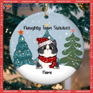Personalized Cat Lovers Decorative Christmas Ornament,naughty Team Survivor Circle Ceramic Ornament, Cute Pine Trees With Cats