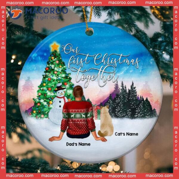 Personalized Cat Lovers Decorative Christmas Ornament,our First Xmas Together Blue Faded Sky Circle Ceramic Ornament