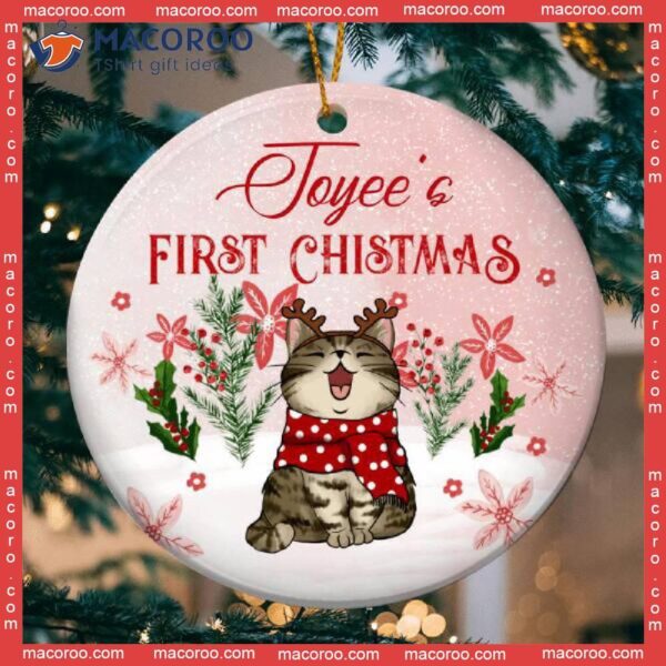 Personalized Cat Lovers Decorative Christmas Ornament,personalised First Pink Circle Ceramic Ornament