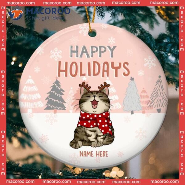 Personalized Cat Lovers Decorative Christmas Ornament,personalised Happy Holidays Pastel Pink Circle Ceramic Ornament