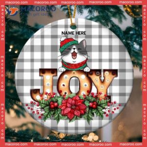 Personalized Cat Lovers Decorative Christmas Ornament,personalised Joy Gray Plaid Background Circle Ceramic Ornament