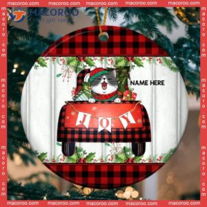 Personalized Cat Lovers Decorative Christmas Ornament,personalised Joy Red Plaid Pattern Circle Ceramic Ornament
