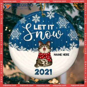 Personalized Cat Lovers Decorative Christmas Ornament,personalised Let It Snow Blue Wooden Circle Ceramic Ornament
