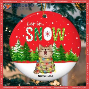 Personalized Cat Lovers Decorative Christmas Ornament,personalised Let It Snow Red Background Circle Ceramic Ornament