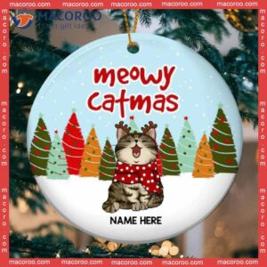 Personalized Cat Lovers Decorative Christmas Ornament,personalised Meowy Catmas Blue Sky Circle Ceramic Ornament