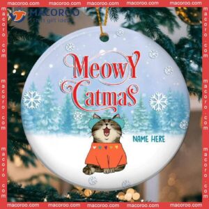 Personalized Cat Lovers Decorative Christmas Ornament,personalised Meowy Catmas Bluetone Ver 1 Circle Ceramic Ornament