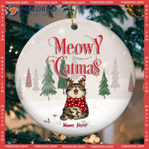 Personalized Cat Lovers Decorative Christmas Ornament,personalised Meowy Catmas Graytone Circle Ceramic Ornament