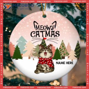 Personalized Cat Lovers Decorative Christmas Ornament,personalised Meowy Catmas Snowy Pink V1 Circle Ceramic Ornament