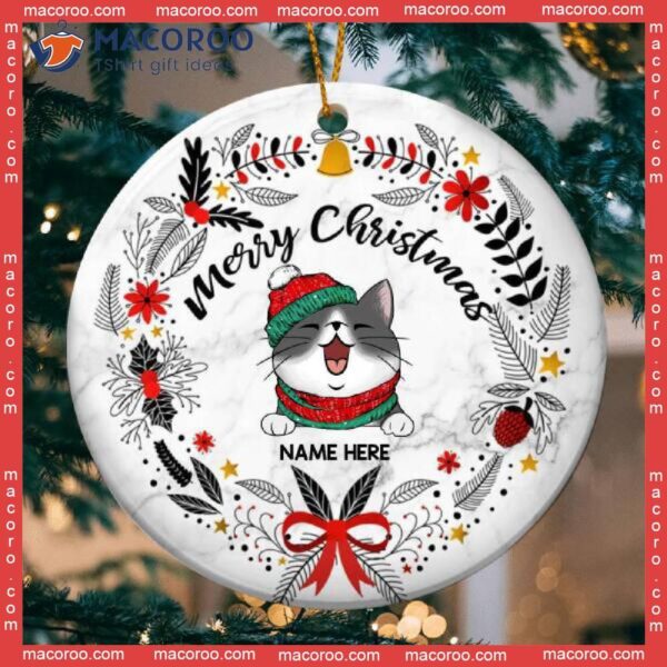 Personalized Cat Lovers Decorative Christmas Ornament,personalised Merry Xmas White Marble Circle Ceramic Ornament