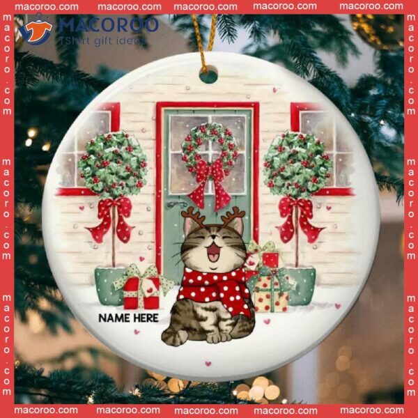Personalized Cat Lovers Decorative Christmas Ornament,personalised Xmas Green Door Red Windows Circle Ceramic Ornament