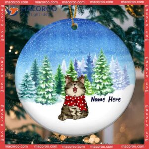 Personalized Cat Lovers Decorative Christmas Ornament,personalised Xmas Snowy Pine Forrest Circle Ceramic Ornament