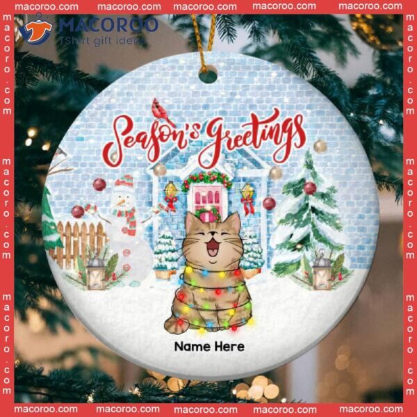 Personalized Cat Lovers Decorative Christmas Ornament,season’s Greeting Blue Bricks House Circle Ceramic Ornament