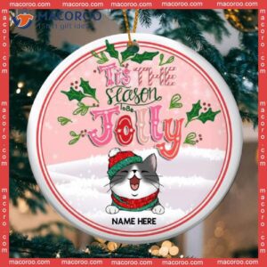 Personalized Cat Lovers Decorative Christmas Ornament,tis The Season To Be Jolly Pink Circle Ceramic Ornament
