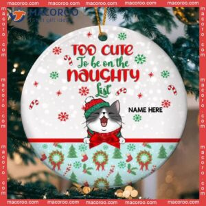 Personalized Cat Lovers Decorative Christmas Ornament,too Cute To Be On The Naughty List Gray Circle Ceramic Ornament