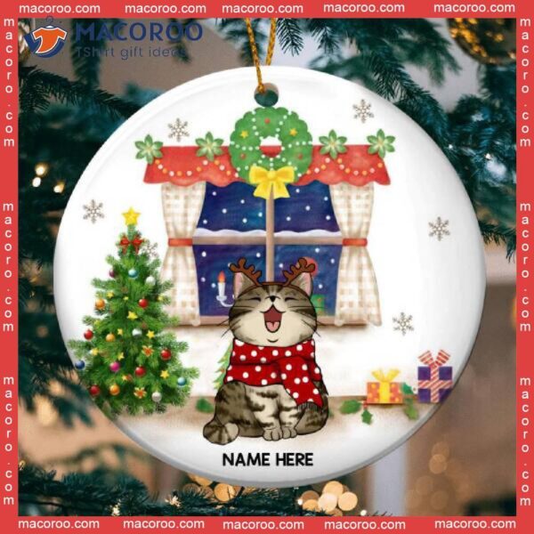 Personalized Cat Lovers Decorative Christmas Ornament,xmas Cats Front Window At Night Circle Ceramic Ornament