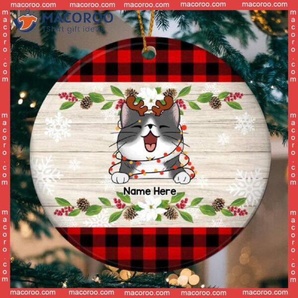 Personalized Cat Lovers Decorative Christmas Ornament,xmas On Wooden And Red Plaid Circle Ceramic Ornament