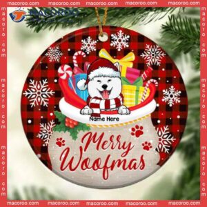 Personalized Dog Decorative Christmas Ornament,merry Woofmas In Santa’s Bag Red Plaid Circle Ceramic Ornament