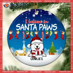 Personalized Dog Lovers Decorative Christmas Ornament, Blue Night Sky,i Believe In Santa Paws Circle Ceramic Ornament