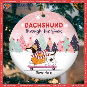 Personalized Dog Lovers Decorative Christmas Ornament,dachshund Through The Snow Pinktone Circle Ceramic Ornament