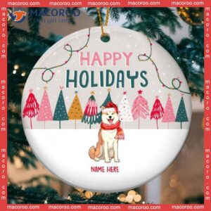 Personalized Dog Lovers Decorative Christmas Ornament,happy Holidays Gray Sky With Snow Circle Ceramic Ornament