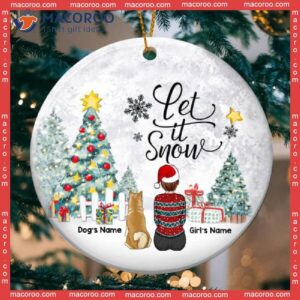 Personalized Dog Lovers Decorative Christmas Ornament,let It Snow Girl & Dogs Circle Ceramic Ornament