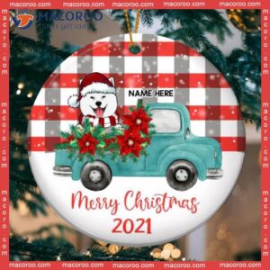 Personalized Dog Lovers Decorative Christmas Ornament,merry Blue Truck Plaid Circle Ceramic Ornament