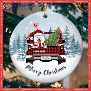 Personalized Dog Lovers Decorative Christmas Ornament,merry Red Plaid Truck Blue Circle Ceramic Ornament