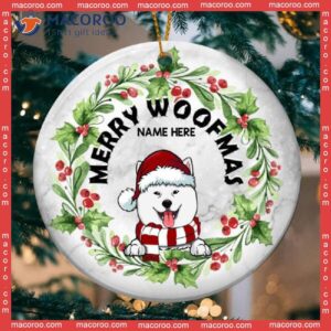 Personalized Dog Lovers Decorative Christmas Ornament,merry Woofmas Berries White Marble Circle Ceramic Ornament