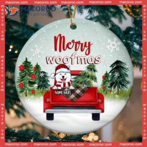 Personalized Dog Lovers Decorative Christmas Ornament,merry Woofmas Red Truck Mint Sky Circle Ceramic Ornament