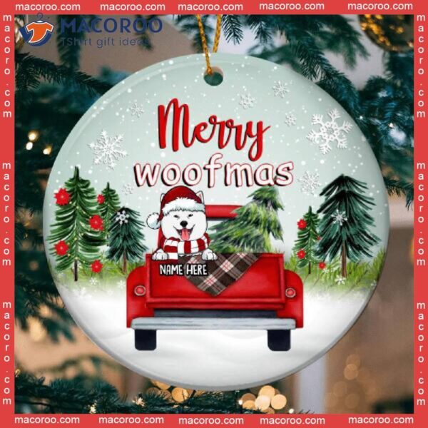 Personalized Dog Lovers Decorative Christmas Ornament,merry Woofmas Red Truck Mint Sky Circle Ceramic Ornament