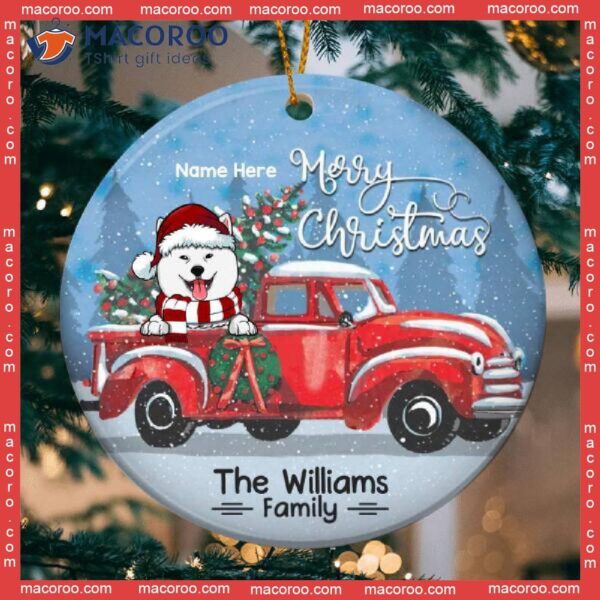Personalized Dog Lovers Decorative Christmas Ornament,merry Xmas From Family Red Truck Circle Ceramic Ornament