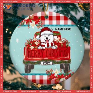Personalized Dog Lovers Decorative Christmas Ornament,merry Xmas Red Plaid Top & Bottom Circle Ceramic Ornament