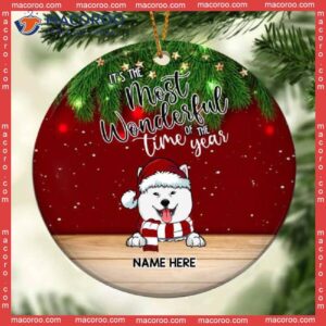 Personalized Dog Lovers Decorative Christmas Ornament,most Wonderful Time Of The Year Red Circle Ceramic Ornament