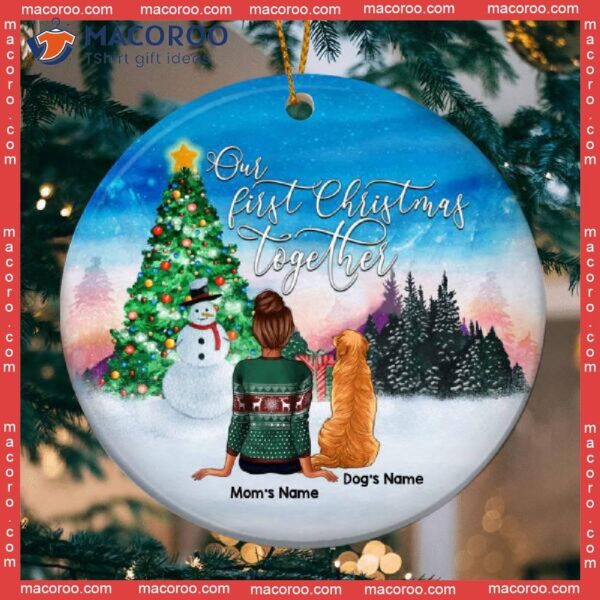 Personalized Dog Lovers Decorative Christmas Ornament,our First Xmas Together Blue Faded Sky Circle Ceramic Ornament