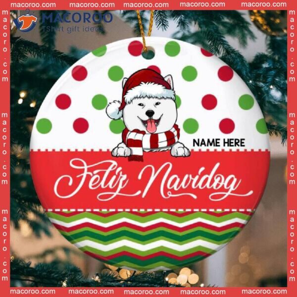 Personalized Dog Lovers Decorative Christmas Ornament,personalised Feliz Navidog Red & Green Circle Ceramic Ornament