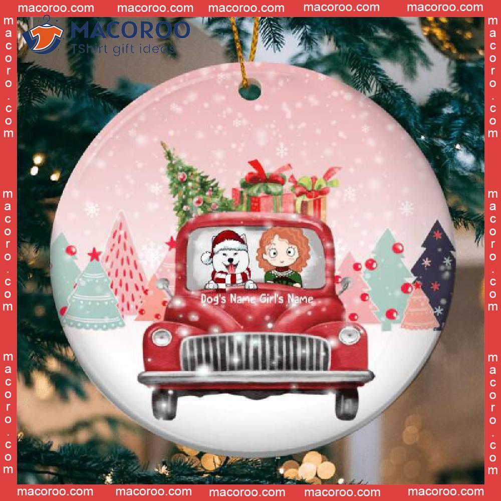 Personalized Dog Lovers Decorative Christmas Ornament,personalised Girl & On Red Truck Circle Ceramic Ornament