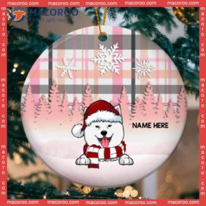 Personalized Dog Lovers Decorative Christmas Ornament,personalised In Snow Pink Plaid Circle Ceramic Ornament