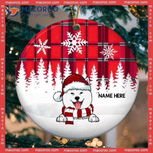 Personalized Dog Lovers Decorative Christmas Ornament,personalised Red Plaid Xmas Circle Ceramic Ornament
