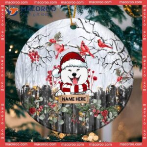 Personalized Dog Lovers Decorative Christmas Ornament,personalised Winter Cardinals & Berries Circle Ceramic Ornament