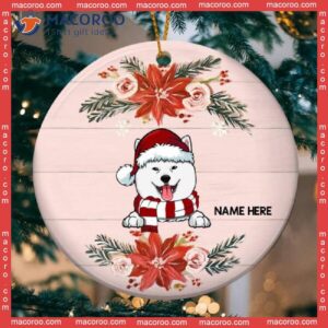 Personalized Dog Lovers Decorative Christmas Ornament,personalised Xmas Dogs On Pink Wooden Circle Ceramic Ornament