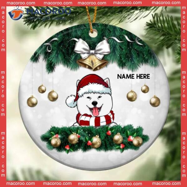 Personalized Dog Lovers Decorative Christmas Ornament,personalised Xmas Pine Branch Decor Circle Ceramic Ornament