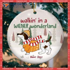 Personalized Dog Lovers Decorative Christmas Ornament,walkin’ In A Wiener Wonderland Grey Circle Ceramic Ornament